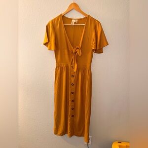 Mimi Chica Mustard Yellow Button-Front Midi Dress with Front Tie